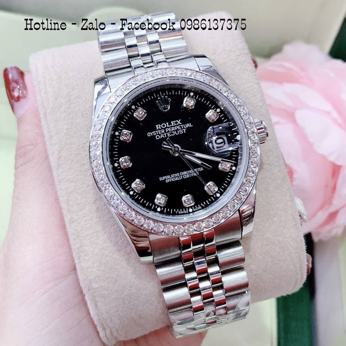 Đồng Hồ Nam Nữ Rolex Quartz Bạc Mặt Đen Đính Đá 36mm- 32mm- 28mm