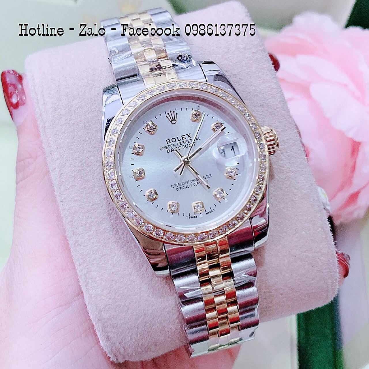 Đồng Hồ Nam Nữ Rolex Quartz Demi Vàng Mặt Trắng Đính Đá