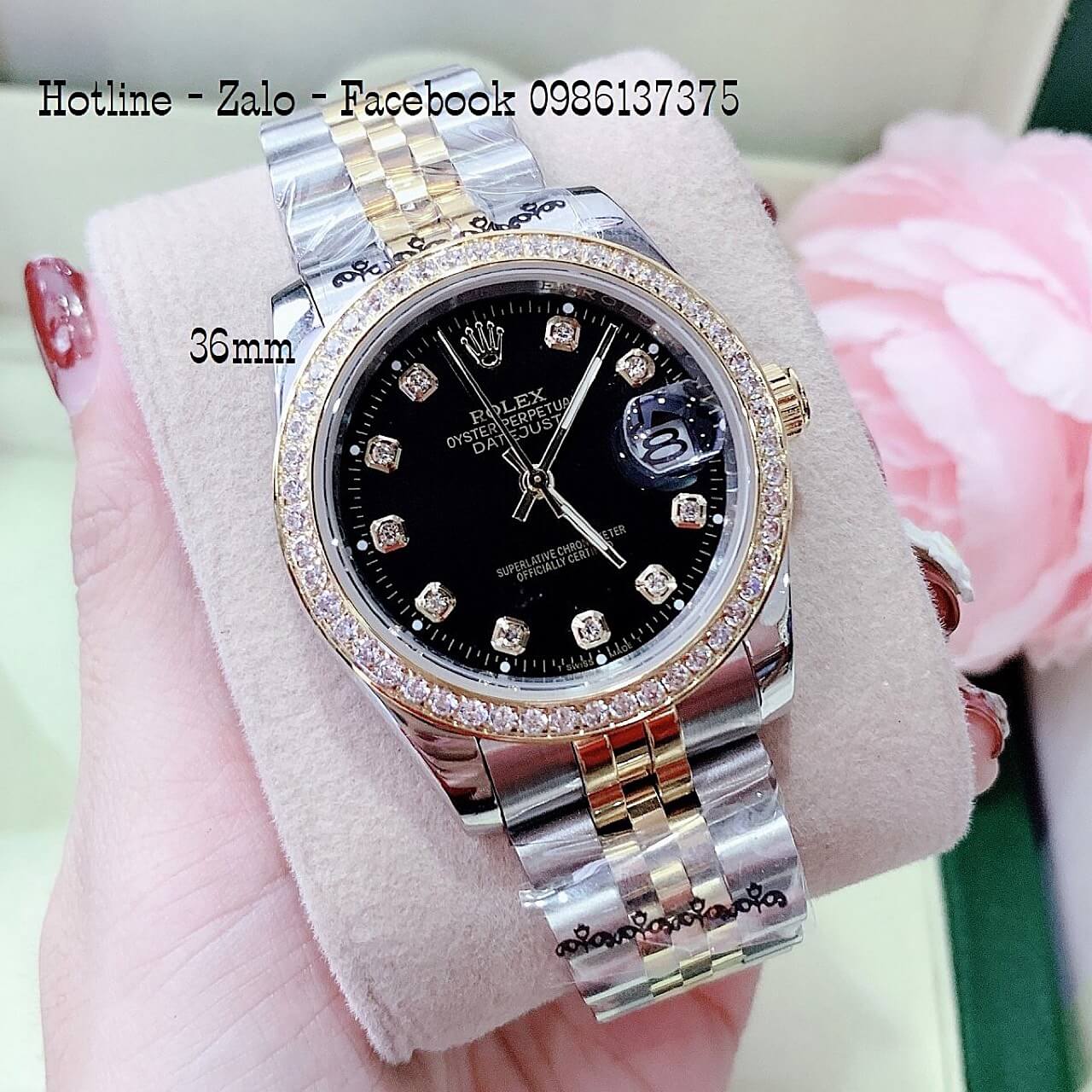 Đồng Hồ Nam Nữ Rolex Quartz Demi Vàng Mặt Đen Đính Đá 36mm- 32mm- 28mm