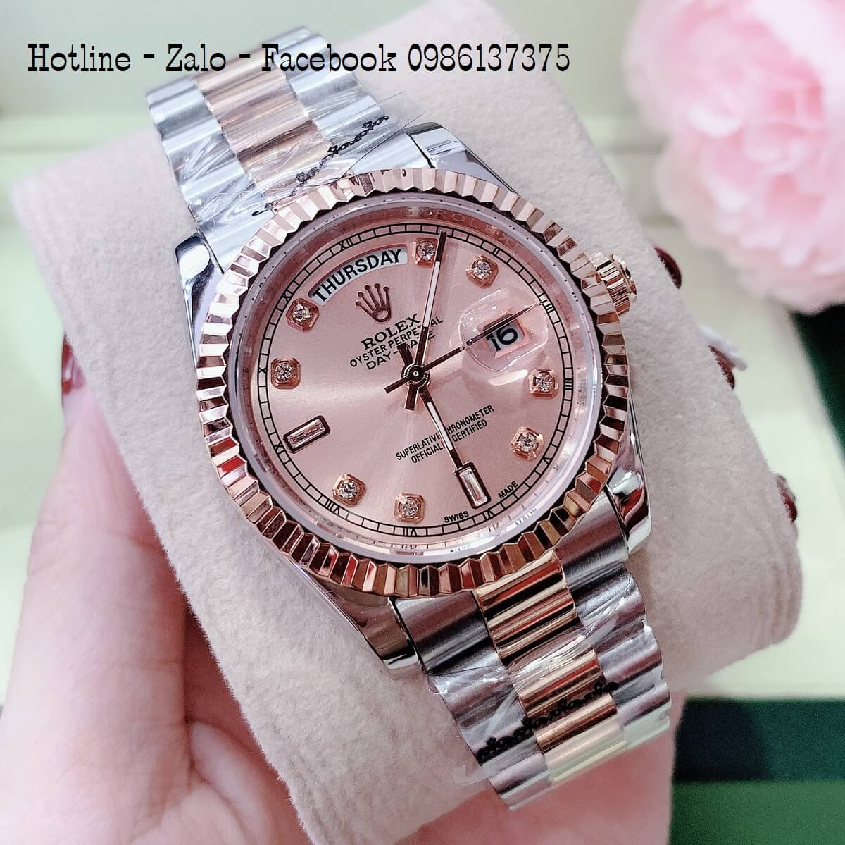 Đồng Hồ Rolex Quartz Nam Nữ Demi Mặt Vàng Hồng 36mm