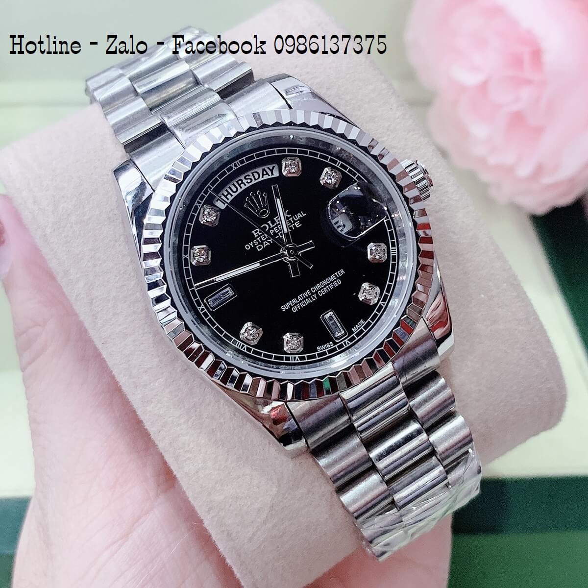 Đồng Hồ Rolex Quartz Nam Nữ Bạc Mặt Đen 36mm