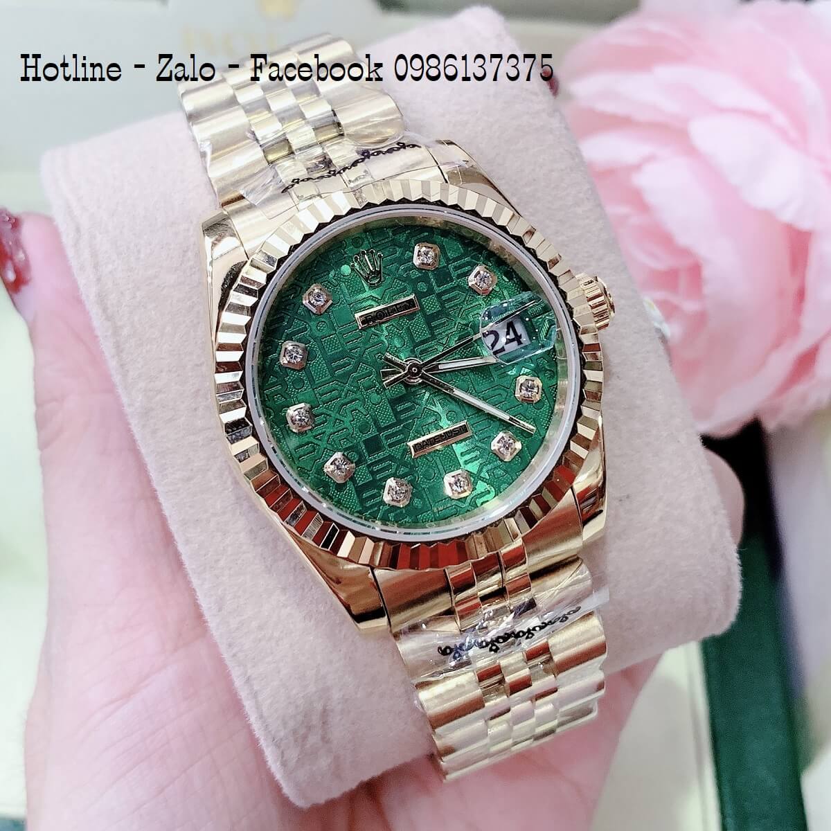 Đồng Hồ Nam Nữ Rolex Quartz Vàng Mặt Xanh Đất 40mm- 36mm