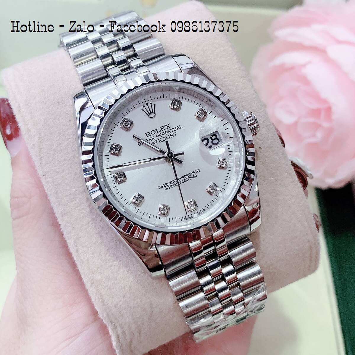 Đồng Hồ Nam Nữ Rolex Quartz Bạc Mặt Trắng 40mm- 36mm- 32mm- 28mm