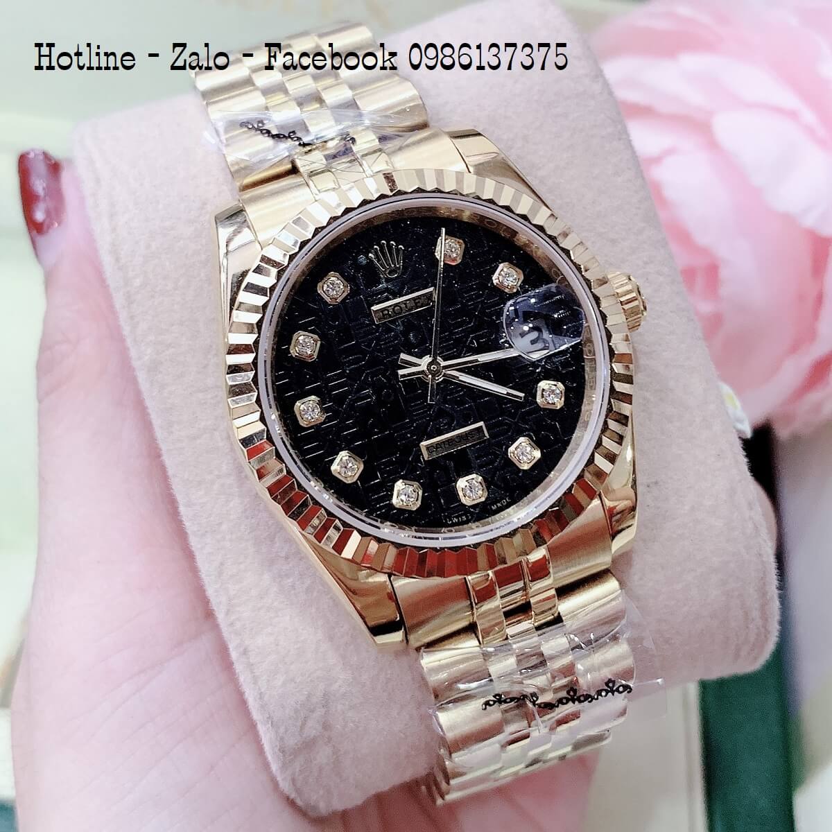 Đồng Hồ Nam Nữ Rolex Quartz Vàng Mặt Đen 40mm- 36mm- 32mm- 28mm