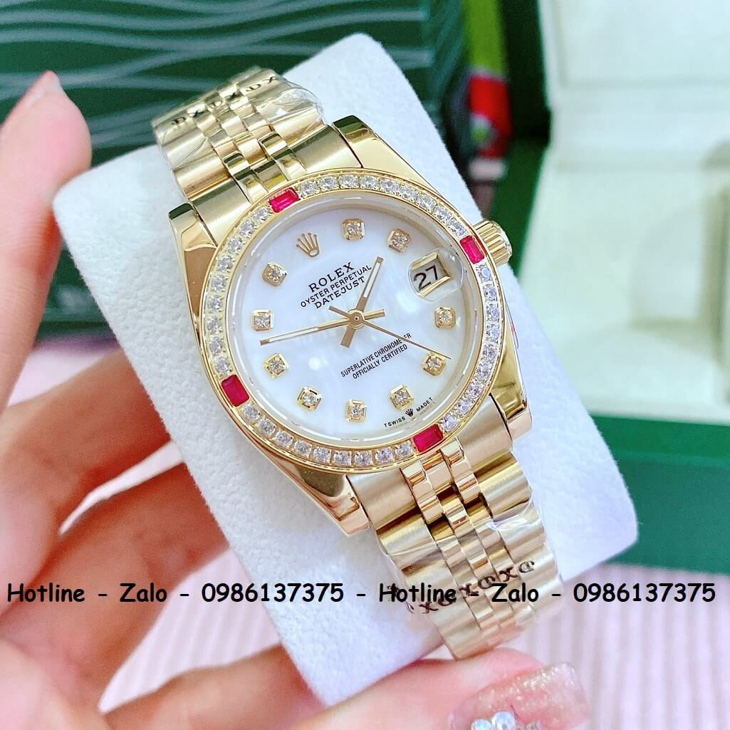 Đồng Hồ Cặp Rolex Quartz Siêu Cấp Vàng Mặt Xà Cừ Đính Đá