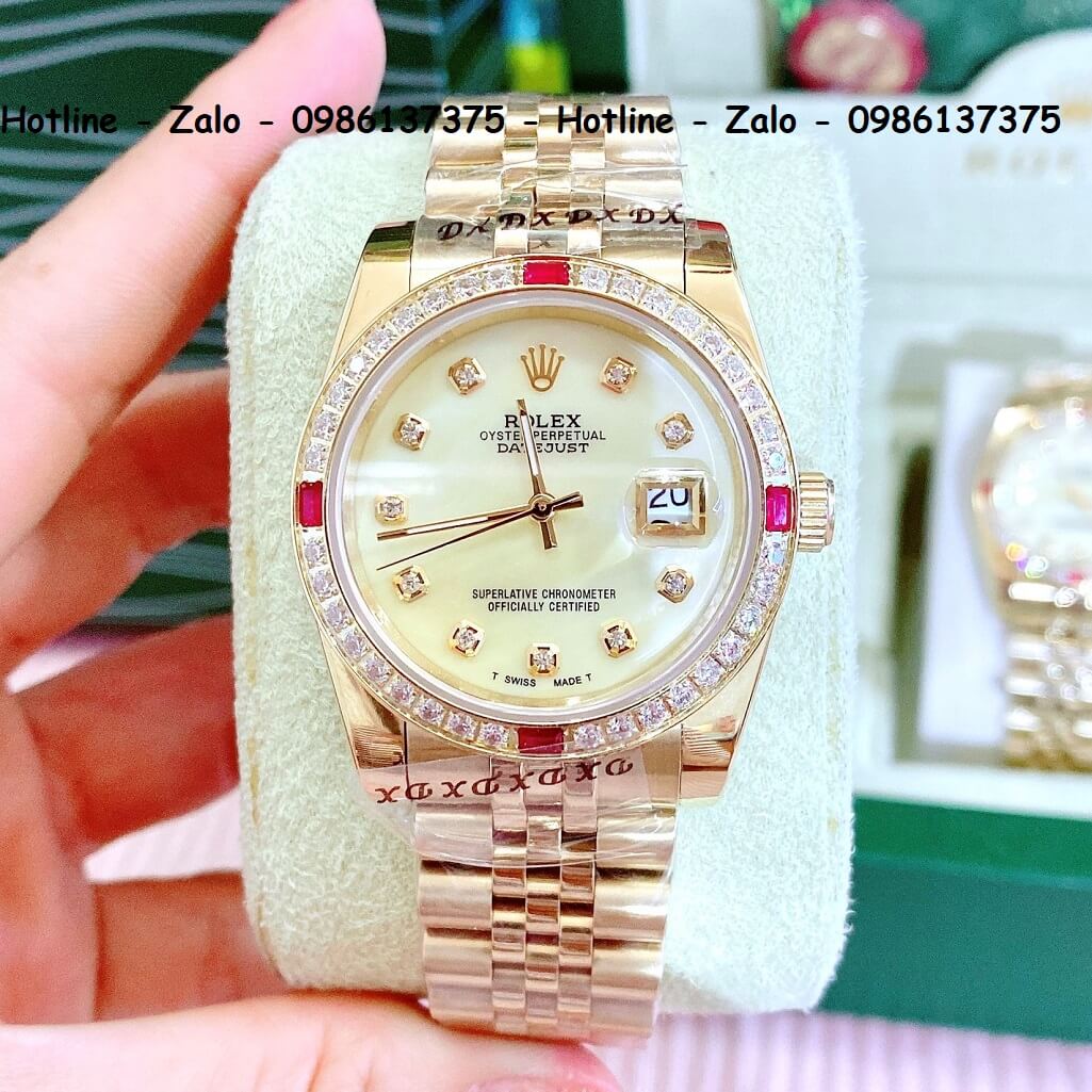 Đồng Hồ Cặp Rolex Quartz Siêu Cấp Vàng Mặt Vàng Xà Cừ