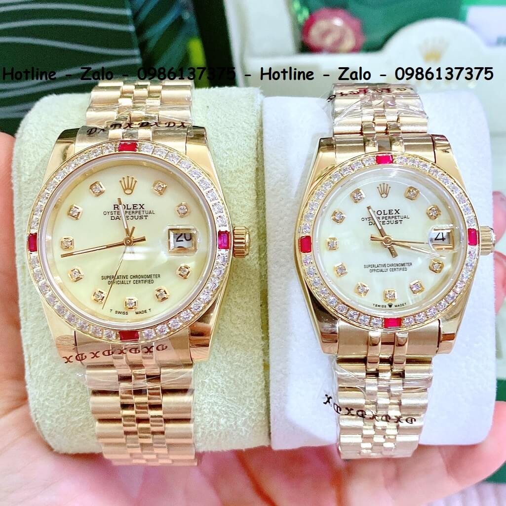 Đồng Hồ Cặp Rolex Quartz Siêu Cấp Vàng Mặt Vàng Xà Cừ