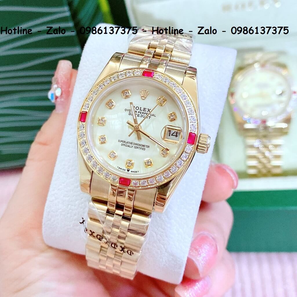 Đồng Hồ Cặp Rolex Quartz Siêu Cấp Vàng Mặt Vàng Xà Cừ