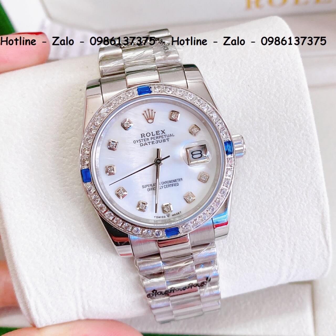 Đồng Hồ Cặp Rolex Quartz Siêu Cấp Bạc Mặt Xà Cừ Đính Đá