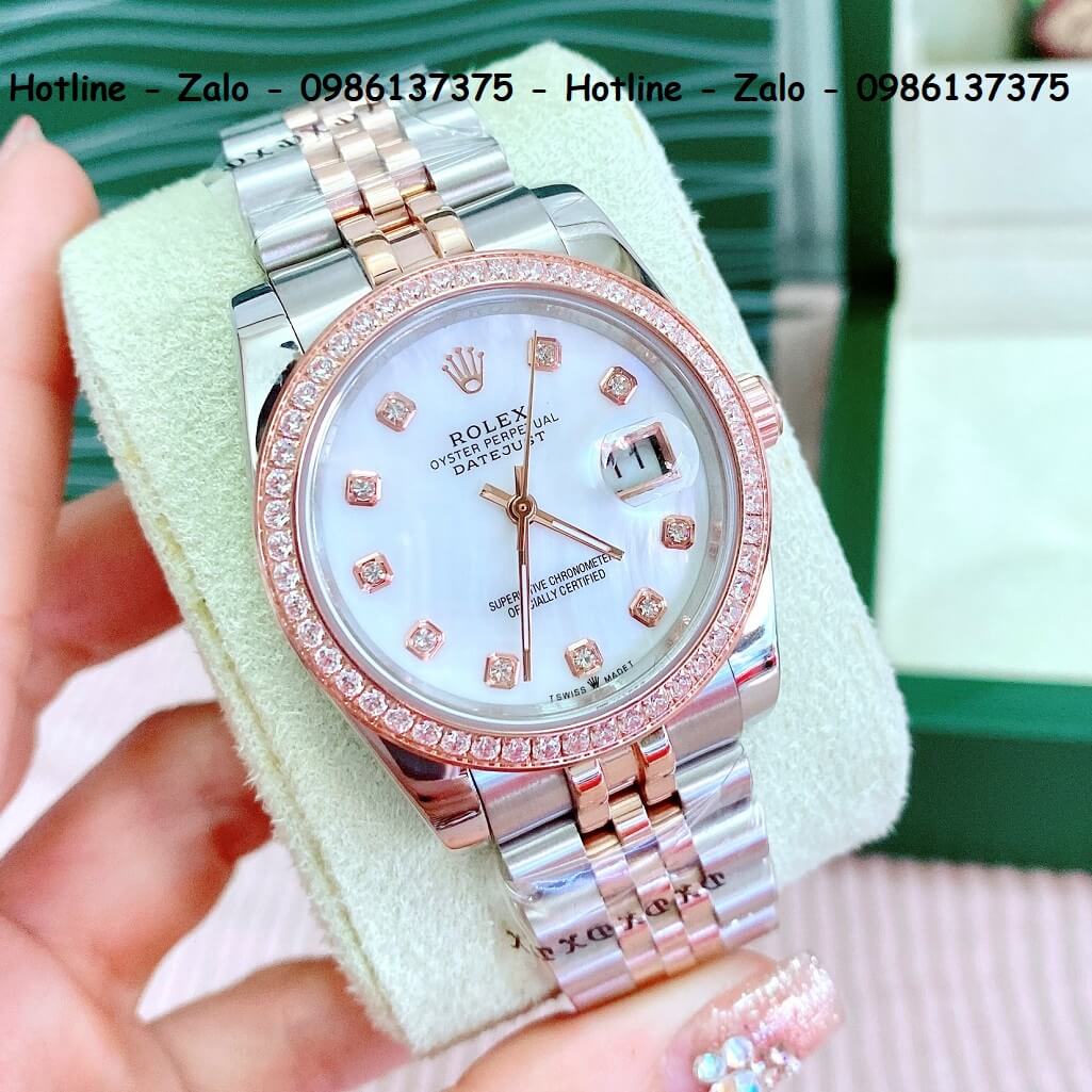 Đồng Hồ Cặp Rolex Quartz Siêu Cấp Demi Vàng Hồng Mặt Xà Cừ Đính Đá