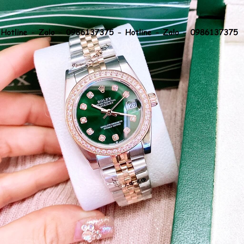 Đồng Hồ Cặp Rolex Quartz Demi Vàng Hồng Mặt Xanh Đính Đá