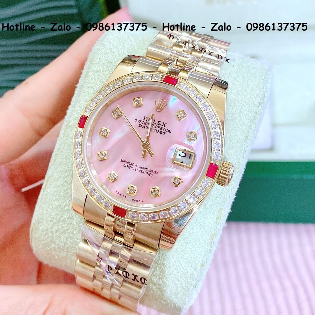 Đồng Hồ Cặp Rolex Quartz Vàng Mặt Hồng Xà Cừ Đính Đá