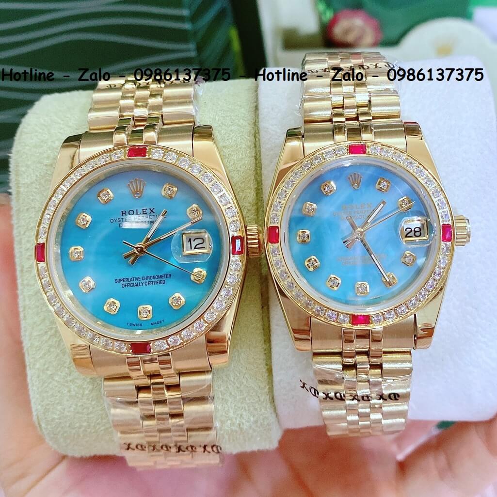 Đồng Hồ Cặp Rolex Quartz Vàng Mặt Xanh Xà Cừ Đính Đá