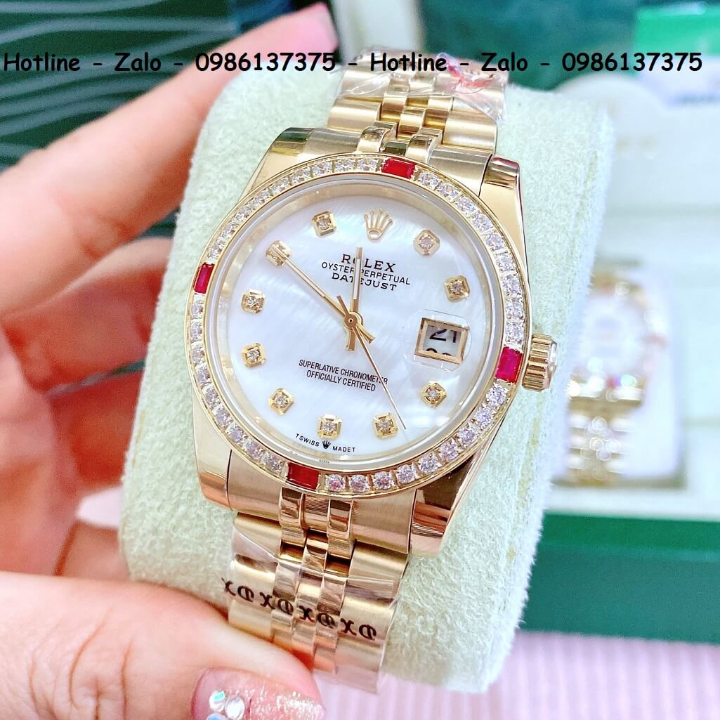 Đồng Hồ Cặp Rolex Quartz Siêu Cấp Vàng Mặt Xà Cừ Đính Đá