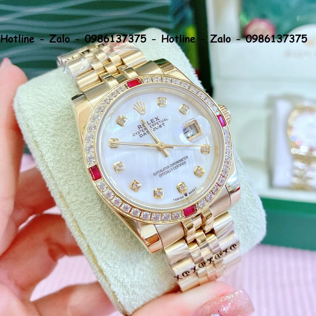 Đồng Hồ Cặp Rolex Quartz Siêu Cấp Vàng Mặt Xà Cừ Đính Đá