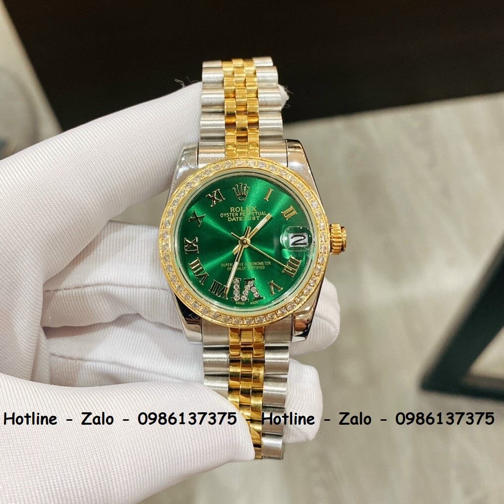 Đồng Hồ Rolex Quartz Nữ Demi Vàng Mặt Xanh Đính Đá 32mm