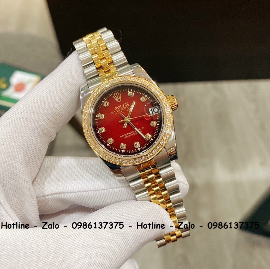 Đồng Hồ Rolex Quartz Siêu Cấp Nữ Demi Vàng Mặt Đỏ 32mm