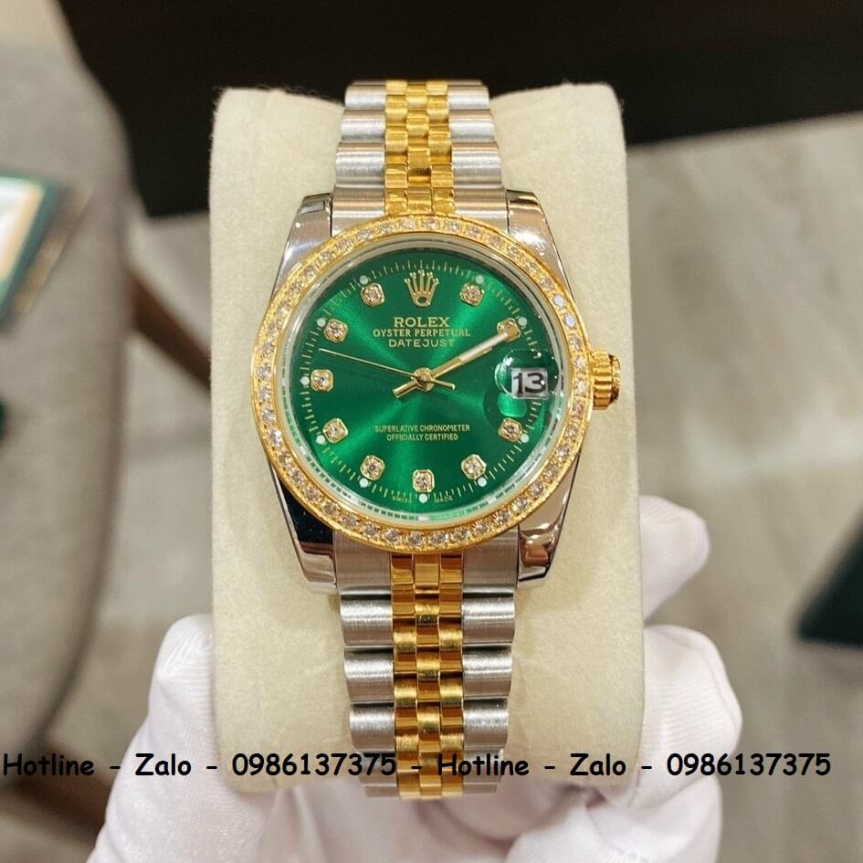 Đồng Hồ Rolex Quartz Siêu Cấp Nữ Demi Vàng Mặt Xanh Đính Đá 32mm