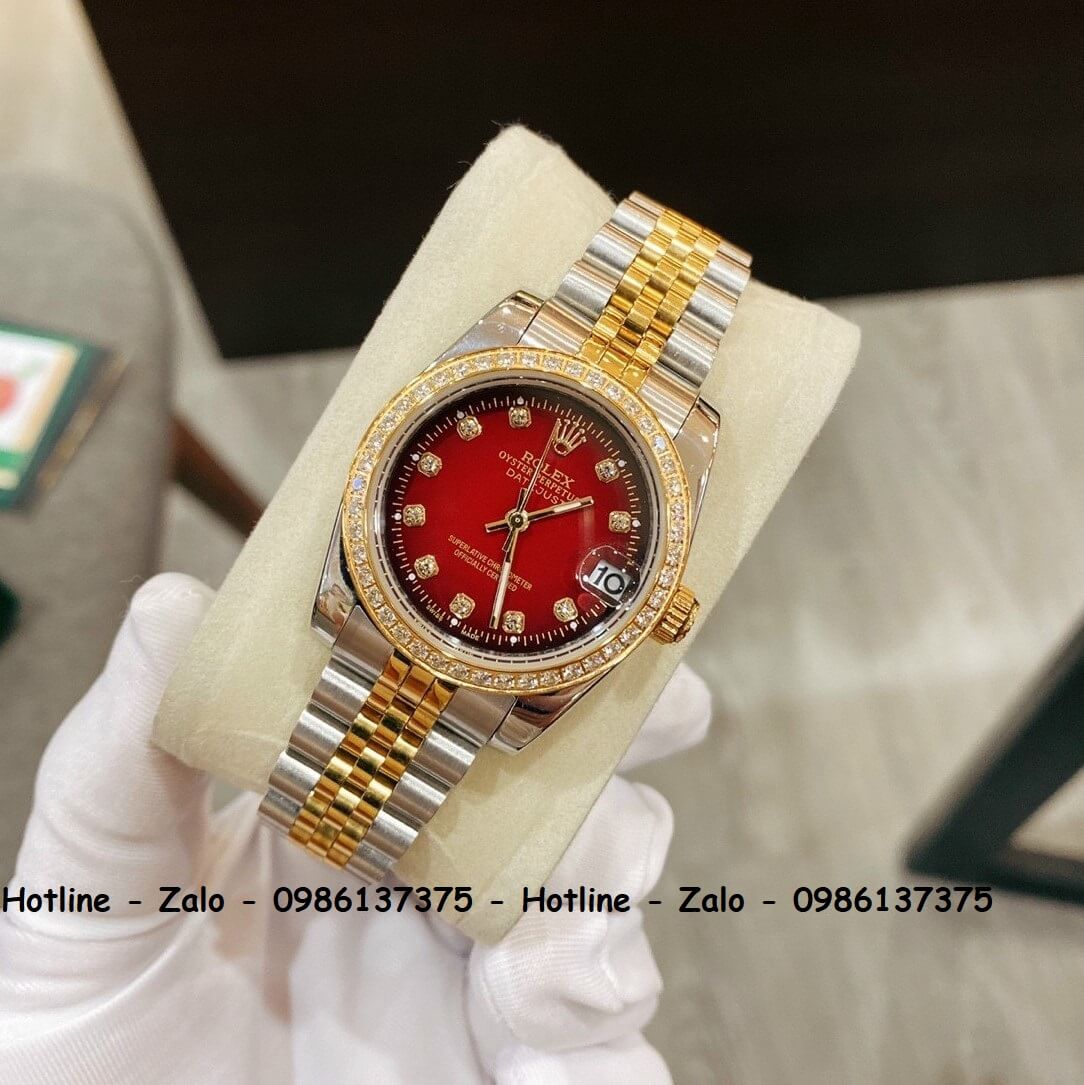 Đồng Hồ Rolex Quartz Siêu Cấp Nữ Demi Vàng Mặt Đỏ 32mm