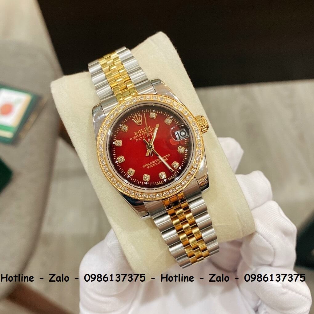 Đồng Hồ Rolex Quartz Siêu Cấp Nữ Demi Vàng Mặt Đỏ 32mm