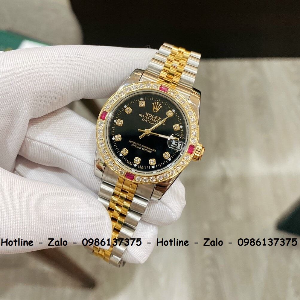 Đồng Hồ Rolex Quartz Siêu Cấp Nữ Demi Vàng Đính Đá 32mm