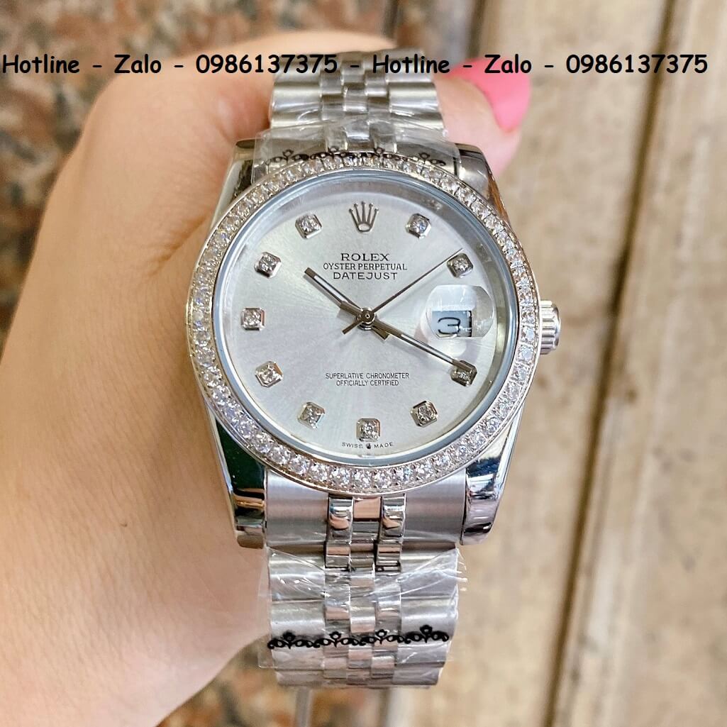 Đồng Hồ Rolex Quartz Siêu Cấp Bạc Mặt Trắng Đính Đá