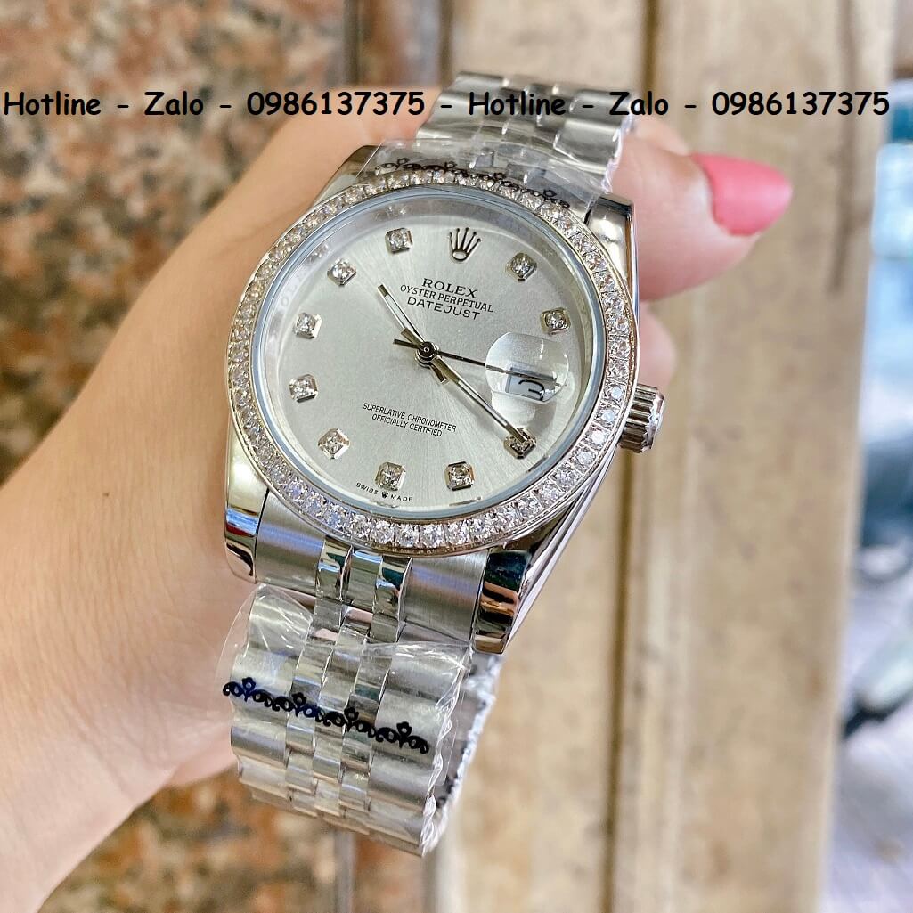 Đồng Hồ Rolex Quartz Siêu Cấp Bạc Mặt Trắng Đính Đá