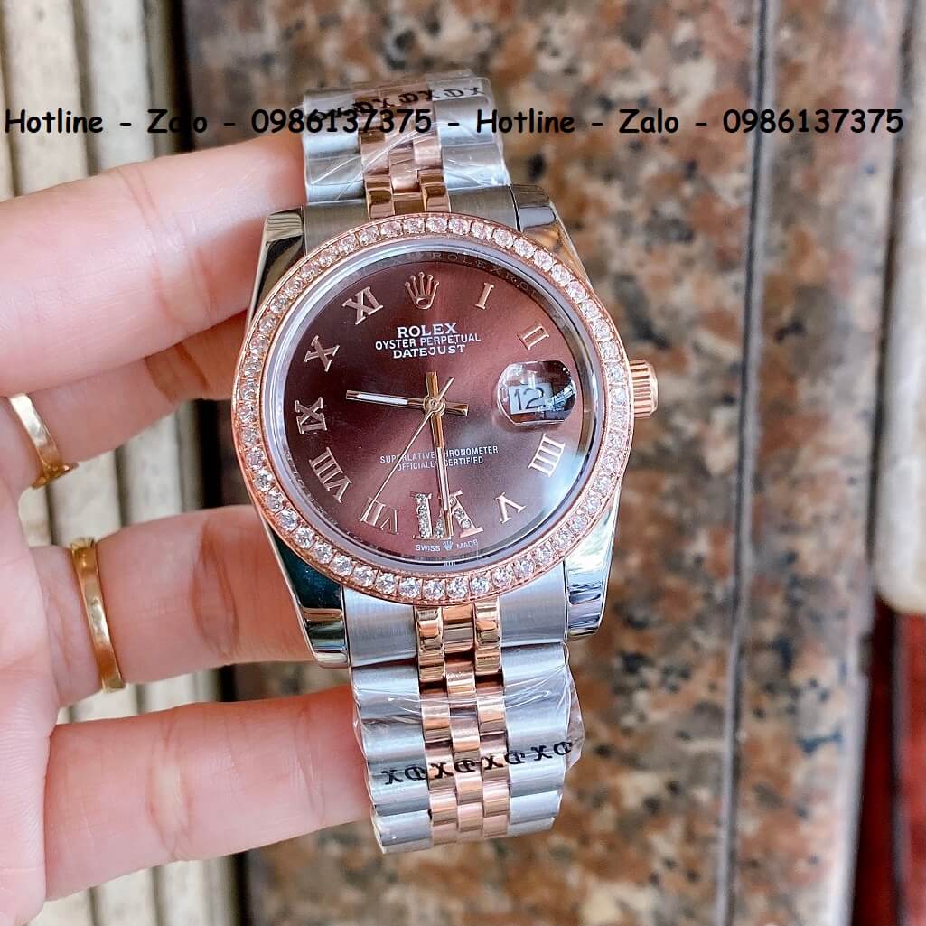 Đồng Hồ Rolex Quartz Siêu Cấp Demi Mặt Nâu Đính Đá 36mm - 32mm