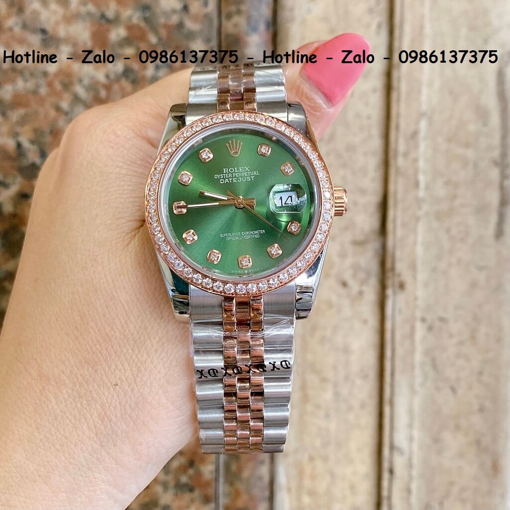 Đồng Hồ Rolex Quartz Siêu Cấp Demi Mặt Xanh Đính Đá