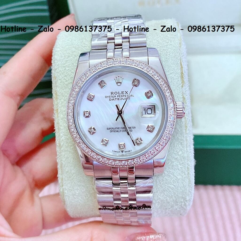 Đồng Hồ Rolex Quartz Siêu Cấp Bạc Mặt Xà Cừ Đính Đá 36mm - 32mm