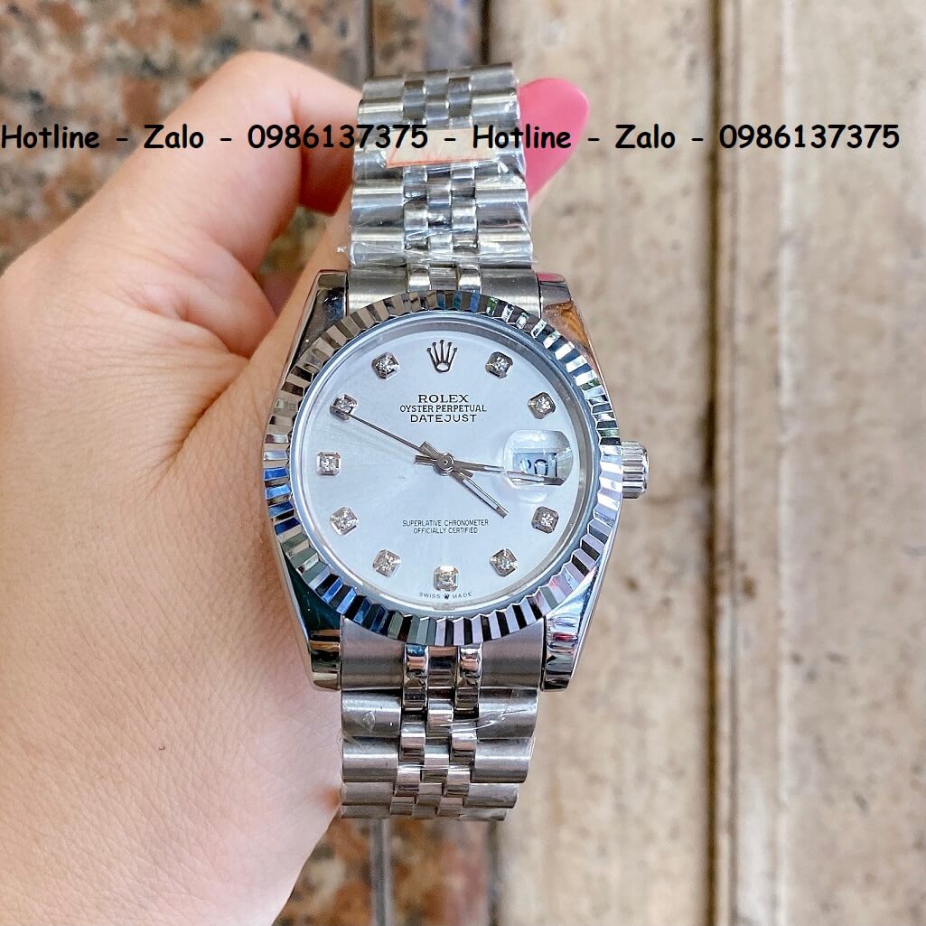 Đồng Hồ Rolex Quartz Siêu Cấp Bạc Mặt Trắng Chải Tia 36mm - 32mm