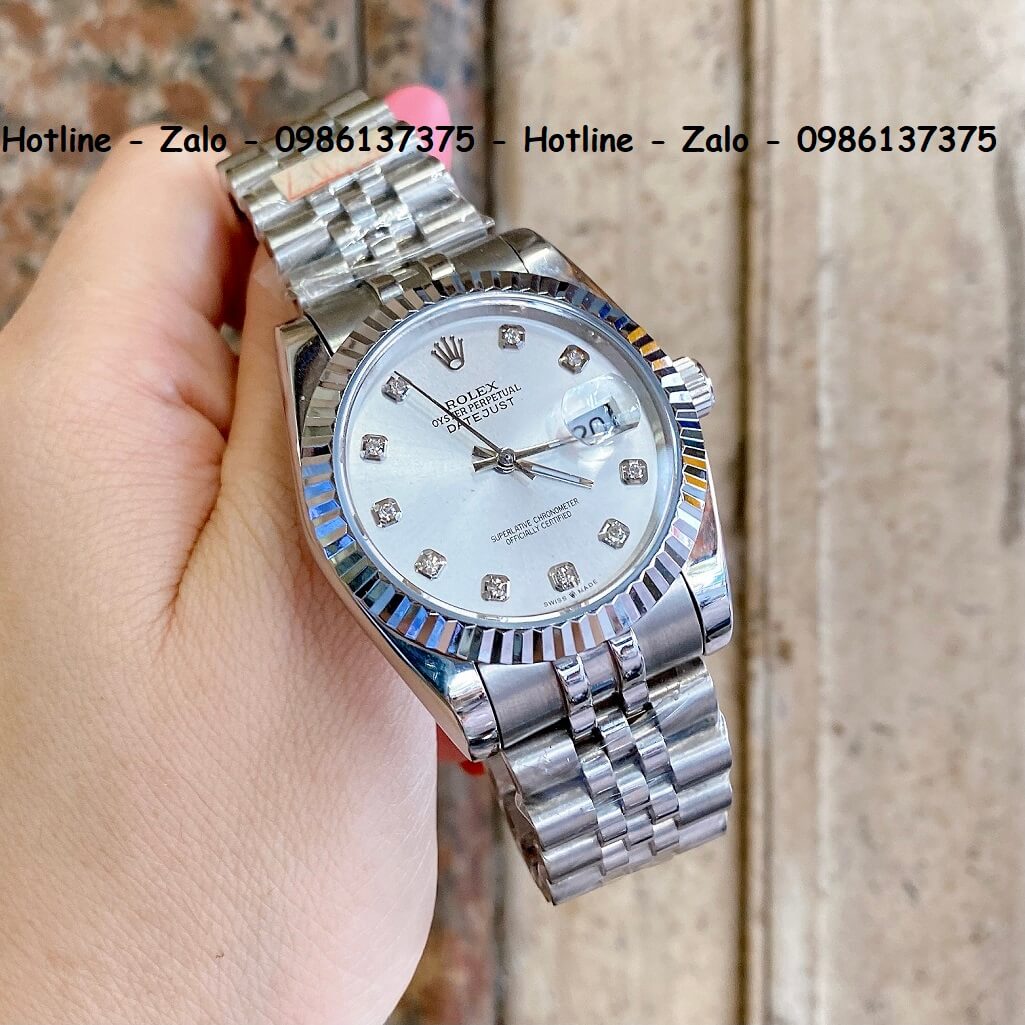 Đồng Hồ Rolex Quartz Siêu Cấp Bạc Mặt Trắng Chải Tia 36mm - 32mm