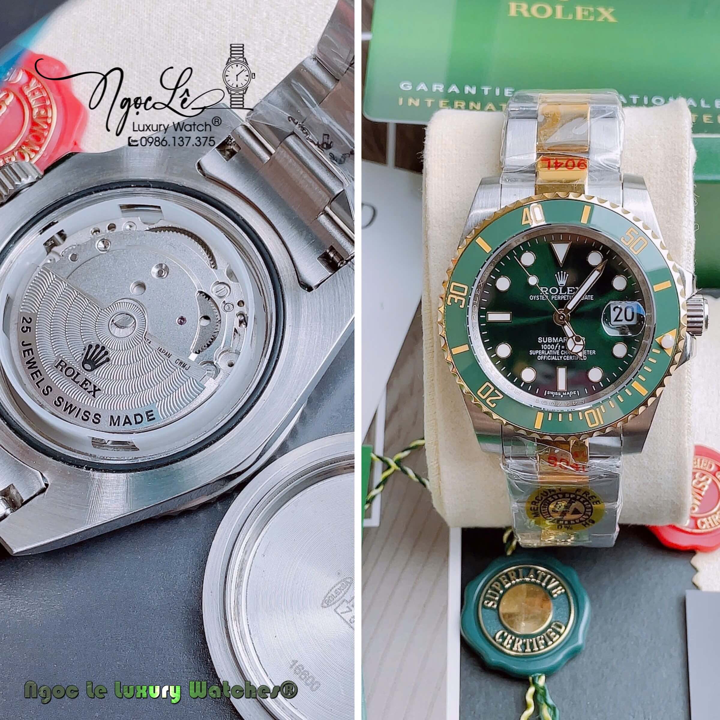 Đồng Hồ Nam Rolex Submariner Automatic Dây Demi Vàng Mặt Xanh Size 40mm