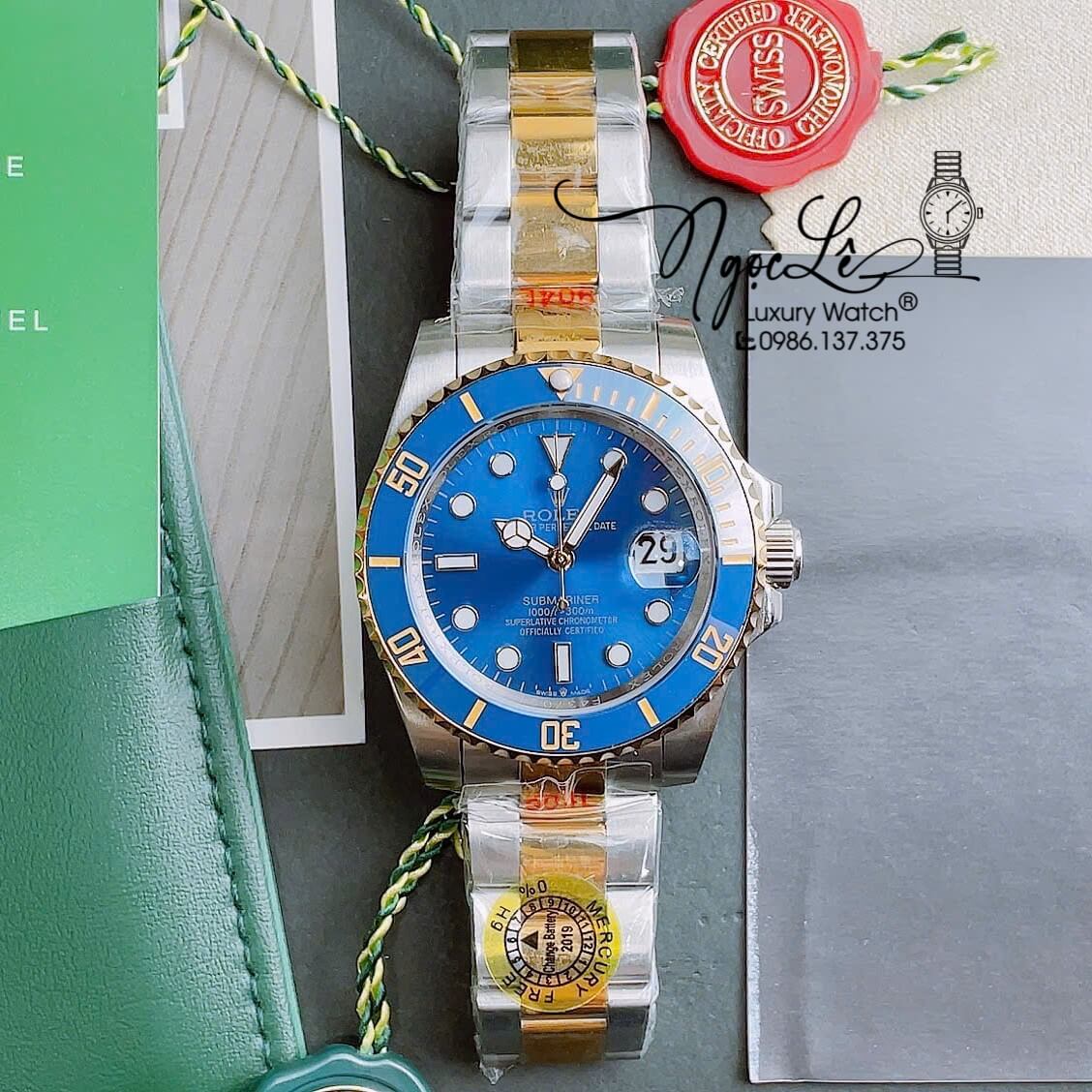 Đồng Hồ Nam Rolex Submariner Automatic Dây Demi Vàng Mặt Xanh Dương Size 40mm