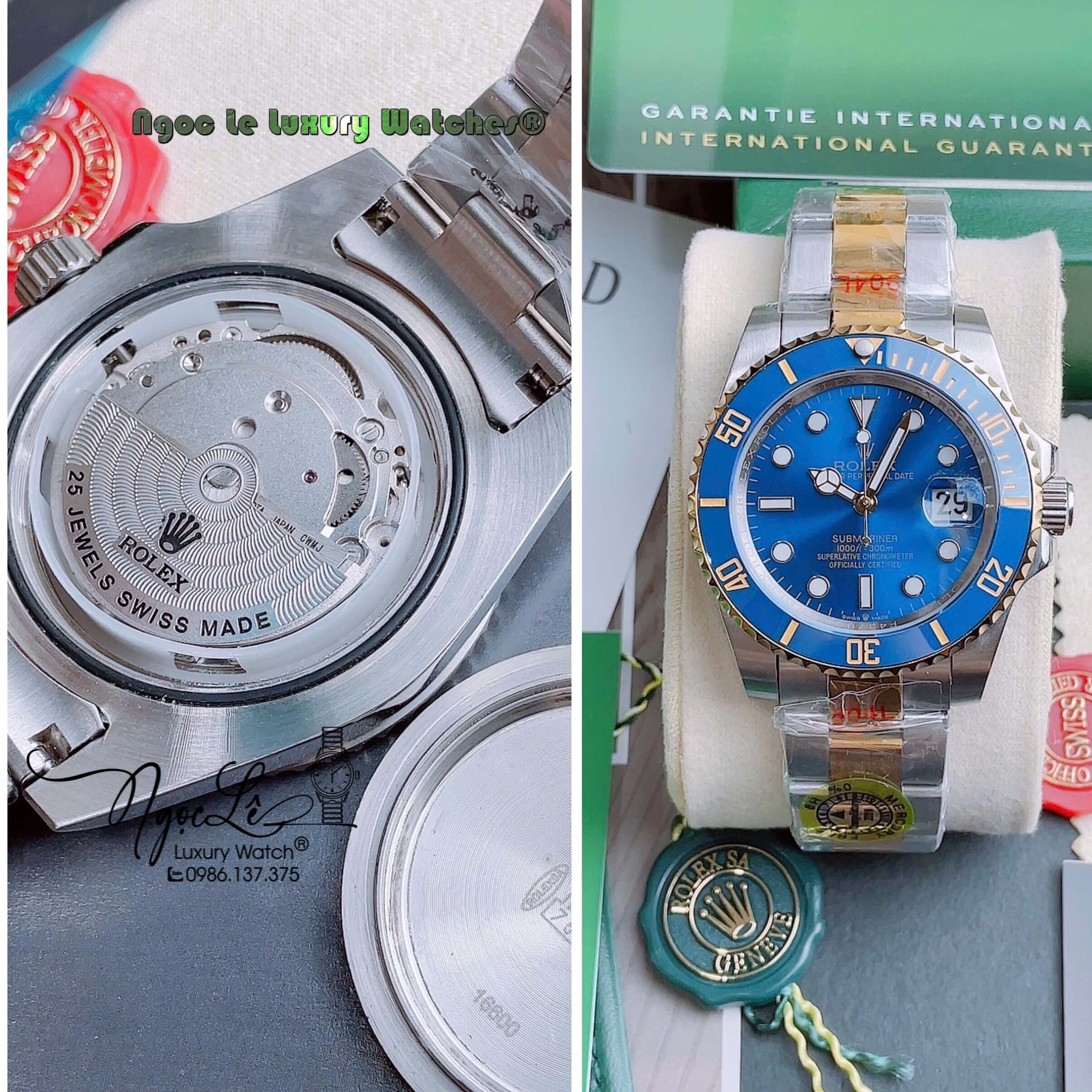Đồng Hồ Nam Rolex Submariner Automatic Dây Demi Vàng Mặt Xanh Dương Size 40mm
