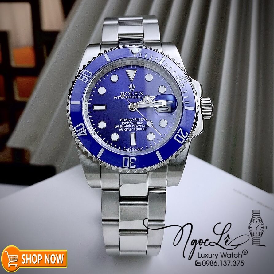 Đồng Hồ Rolex Submariner Automatic Nam Dây Kim Loại Bạc Mặt Xanh Dương 41mm