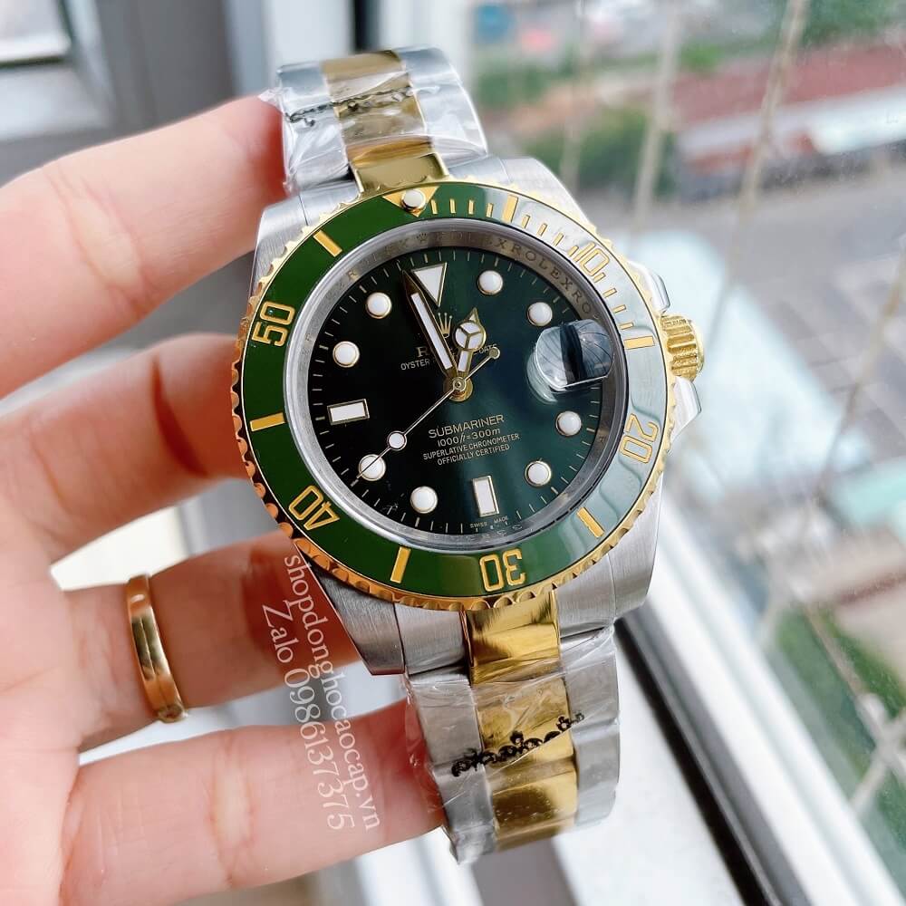 Đồng Hồ Rolex Submariner Nam Tự Động Viền Sapphire Mặt Xanh Lá Demi Gold 40mm