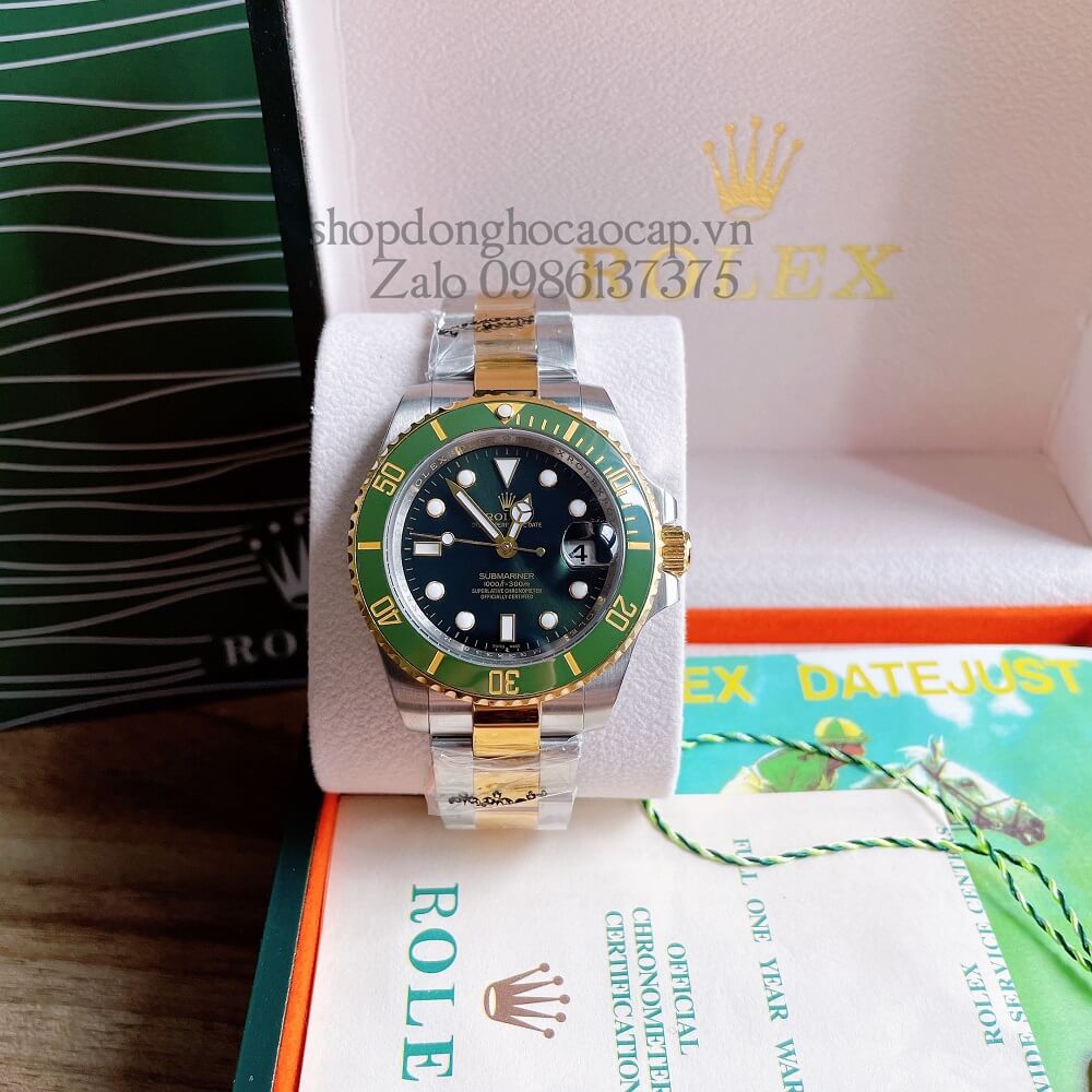 Đồng Hồ Rolex Submariner Nam Tự Động Viền Sapphire Mặt Xanh Lá Demi Gold 40mm