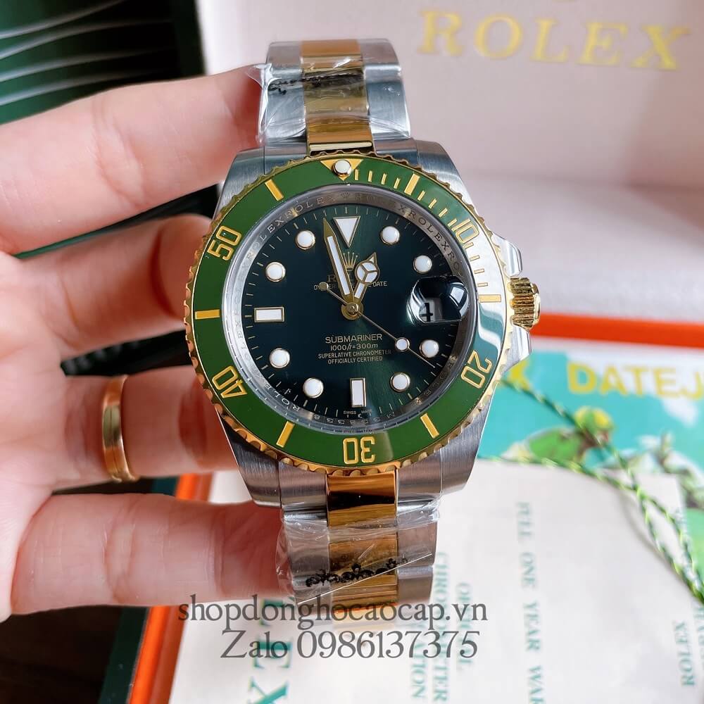 Đồng Hồ Rolex Submariner Nam Tự Động Viền Sapphire Mặt Xanh Lá Demi Gold 40mm