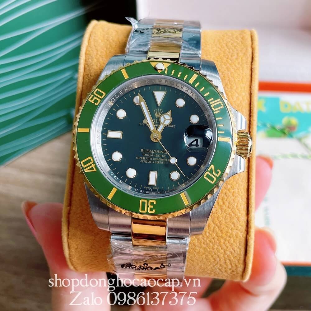 Đồng Hồ Rolex Submariner Nam Tự Động Viền Sapphire Mặt Xanh Lá Demi Gold 40mm