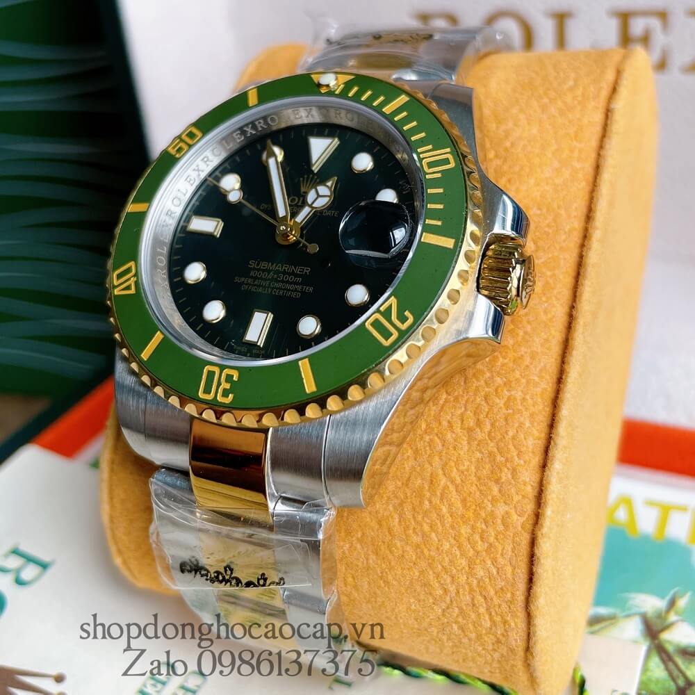 Đồng Hồ Rolex Submariner Nam Tự Động Viền Sapphire Mặt Xanh Lá Demi Gold 40mm