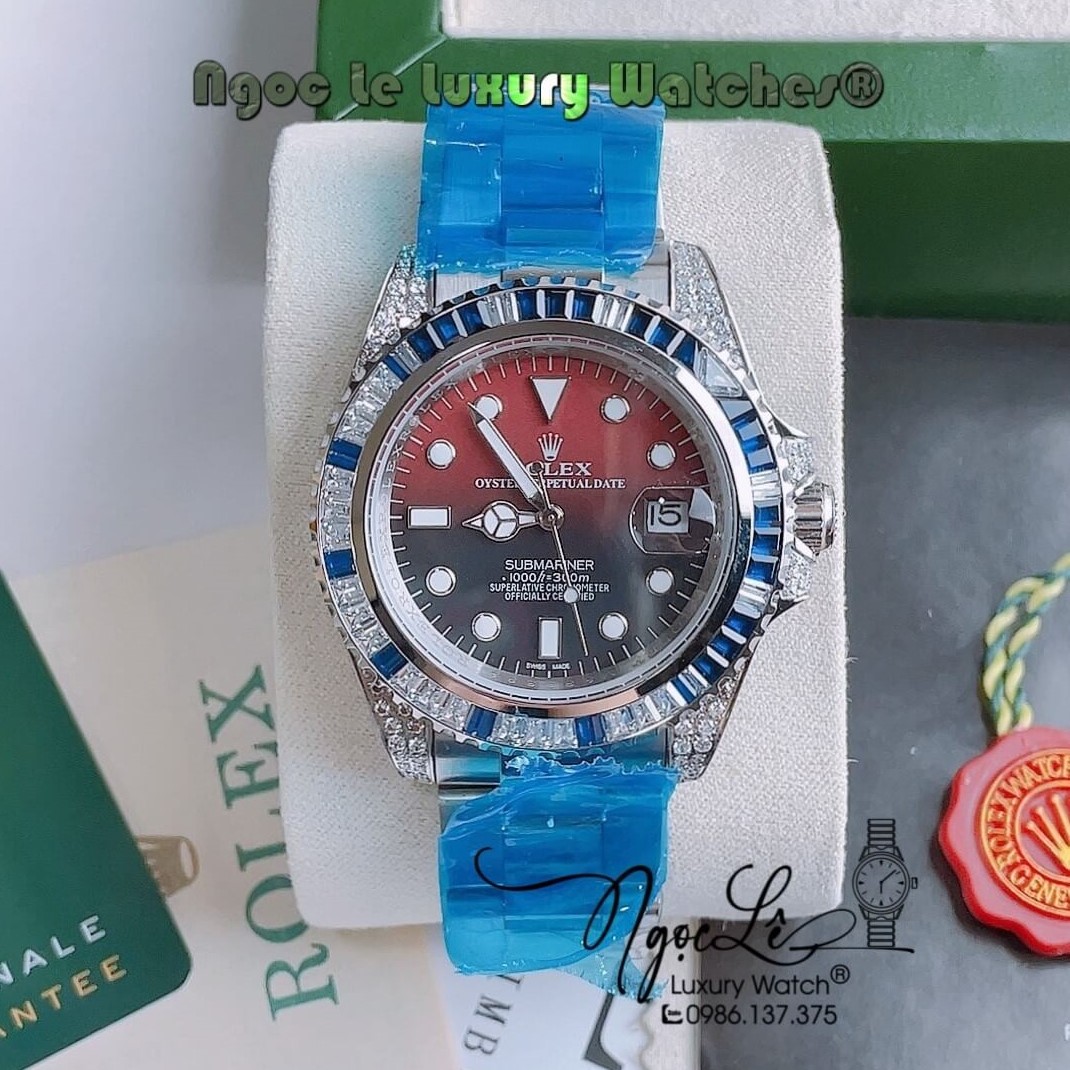 Đồng Hồ Rolex Submariner Automatic Nam Dây Thép Bạc Mặt Ombre Đỏ Niềng Đá Size 41mm