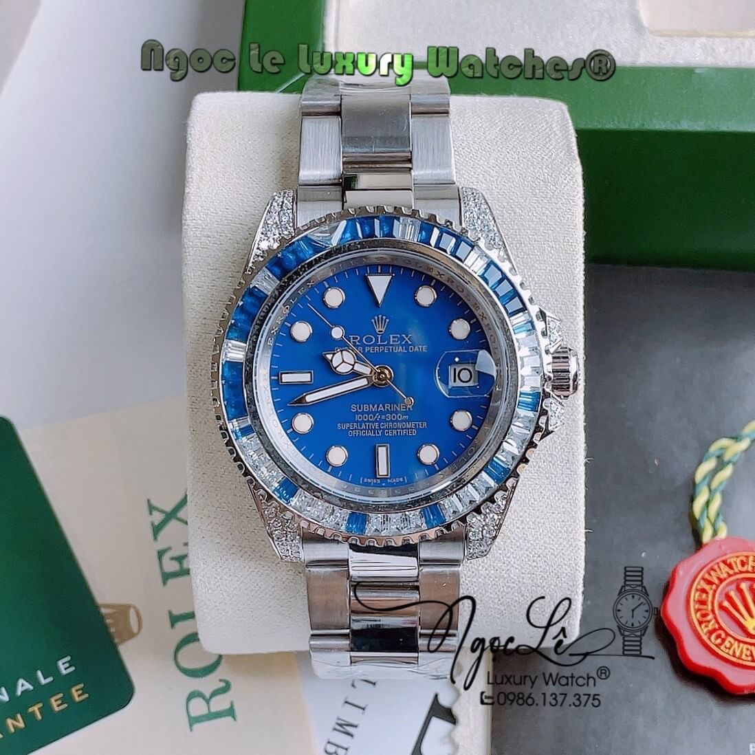 Đồng Hồ Rolex Submariner Automatic Nam Dây Thép Bạc Mặt Xanh Dương Niềng Đá Size 41mm