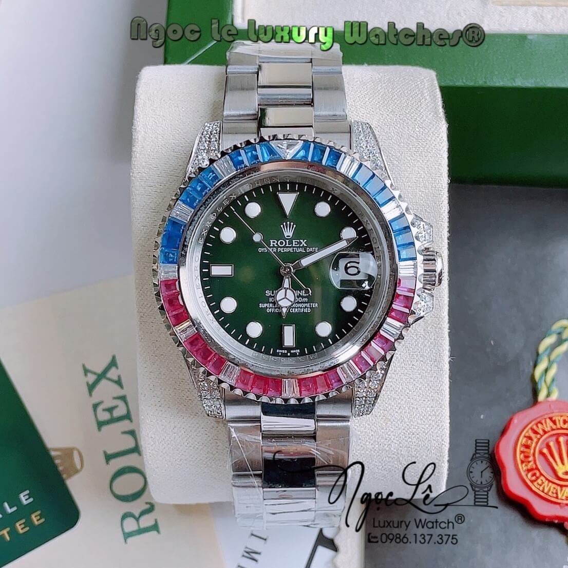 Đồng Hồ Rolex Submariner Automatic Nam Dây Thép Bạc Mặt Xanh Rêu Niềng Đá Màu Size 41mm