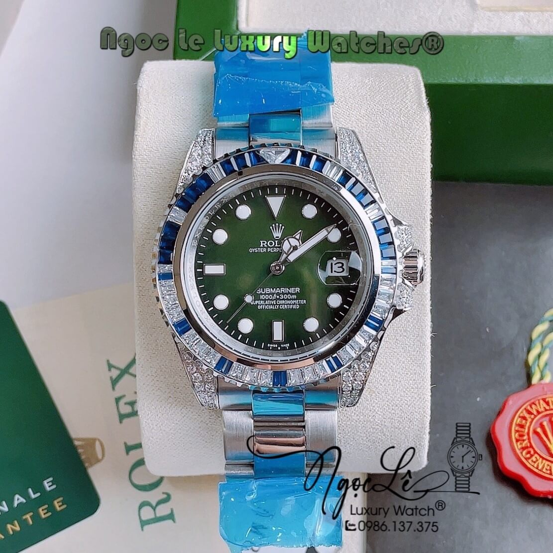 Đồng Hồ Rolex Submariner Automatic Nam Dây Thép Bạc Mặt Xanh Rêu Niềng Đá Size 41mm