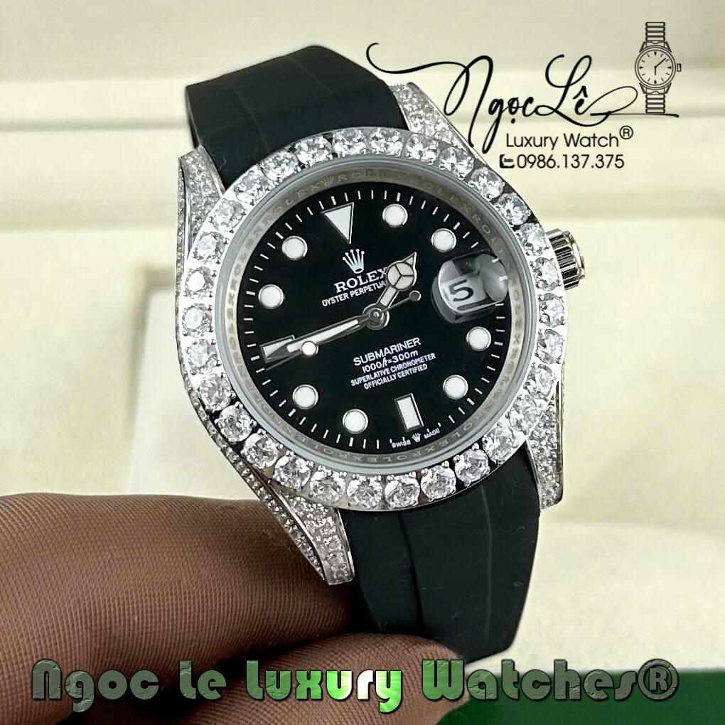 Đồng Hồ Rolex Submariner Automatic Nam Dây Cao Su Đen Đính Đá Vỏ Silver Size 41mm