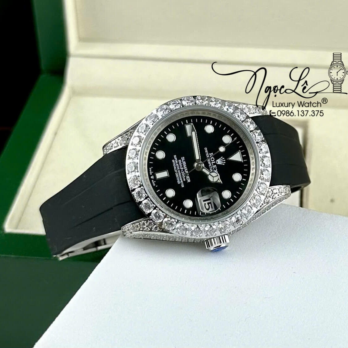 Đồng Hồ Rolex Submariner Automatic Nam Dây Cao Su Đen Đính Đá Vỏ Silver Size 41mm