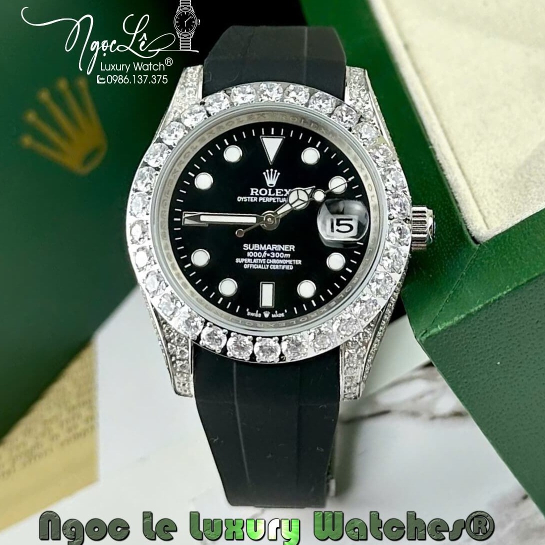 Đồng Hồ Rolex Submariner Automatic Nam Dây Cao Su Đen Đính Đá Vỏ Silver Size 41mm