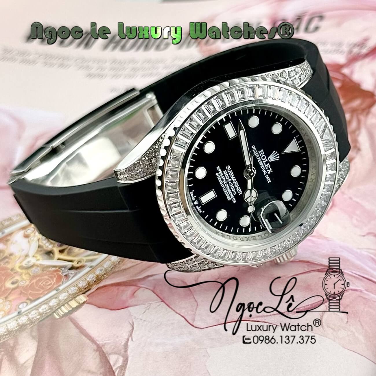 Đồng Hồ Rolex Submariner Automatic Nam Dây Cao Su Đen Đính Đá Vỏ Silver Size 41mm