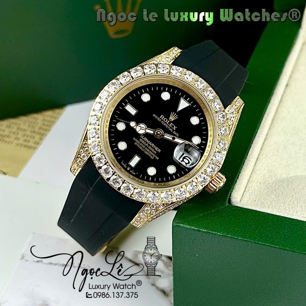 Đồng Hồ Rolex Submariner Automatic Nam Dây Cao Su Đen Đính Đá Vỏ